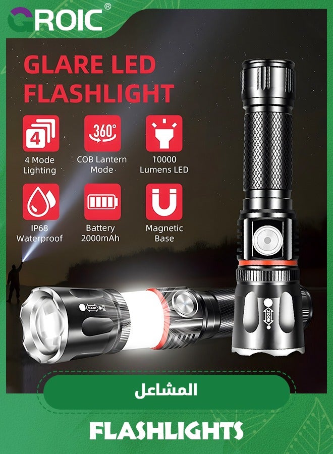 Flashlight Stretchable Zoom High-Brightness Flashlight, Rechargeable LED Flashlight and Work Light, Durable, Portable Carry Camping Flashlight with 4 Light Modes, COB. Work Light and Magnetic Base