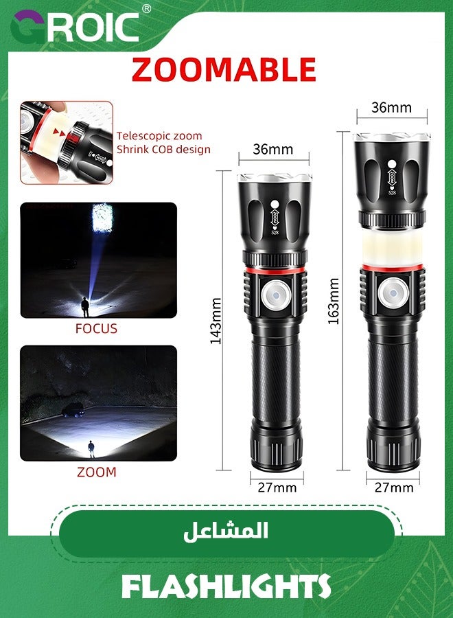 Flashlight Stretchable Zoom High-Brightness Flashlight, Rechargeable LED Flashlight and Work Light, Durable, Portable Carry Camping Flashlight with 4 Light Modes, COB. Work Light and Magnetic Base