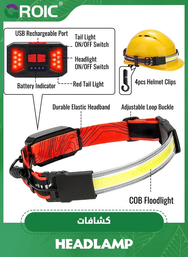 LED Headlamp Flashlight, 1000LM 270°Wide-Beam USB Rechargeable Head Light with Taillight & 4 Clips Waterproof Headlight Headlamps for Running, Cycling and Camping