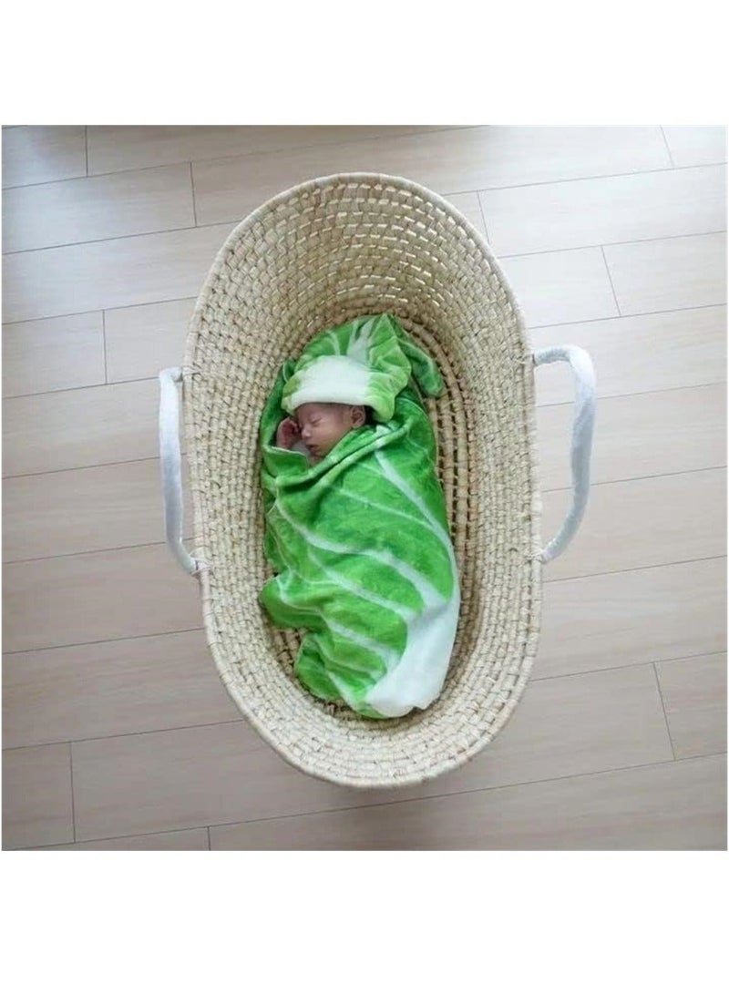 Baby Wrap Blanket, Cabbage Leaf Swaddle Super Soft Comfort Newborn Plush Flannel Blanket with Hat, Essential Children Clothing for Home Office Travel