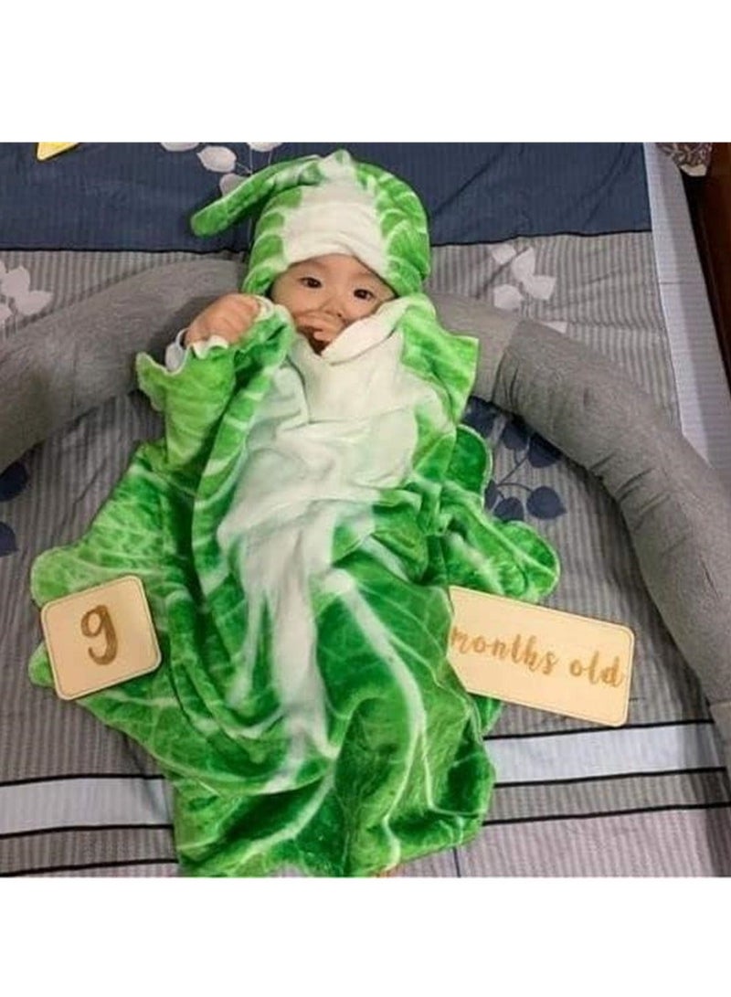 Baby Wrap Blanket, Cabbage Leaf Swaddle Super Soft Comfort Newborn Plush Flannel Blanket with Hat, Essential Children Clothing for Home Office Travel