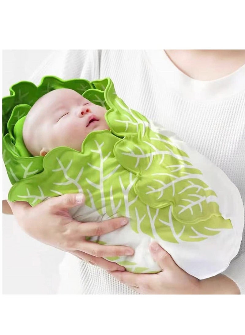 Baby Wrap Blanket, Cabbage Leaf Swaddle Super Soft Comfort Newborn Plush Flannel Blanket with Hat, Essential Children Clothing for Home Office Travel
