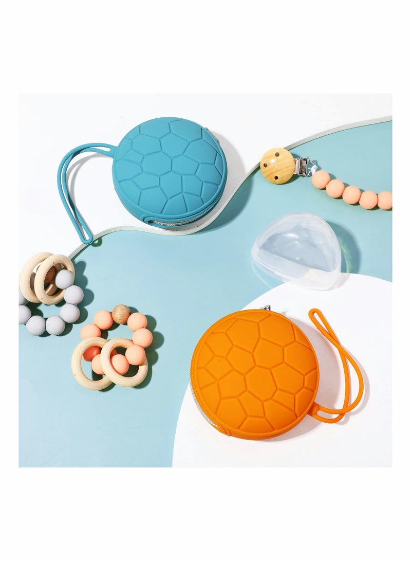 4 Pieces Pacifier Holder Case Set Includes Silicone Cover and Transparent Storage Box Container Pouch Bag, Easy to Clean (Ginger Yellow, Vivid Blue)