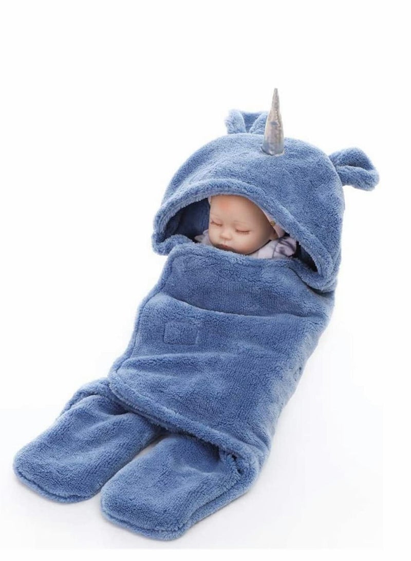 Baby Cute Hooded Swaddle Receiving Blanket, Fleece Cotton Stroller Crib Sleeping Bag Sack for Universal Newborn Infant Boy Girl Photography Prop For 0-12 Months (Blue)