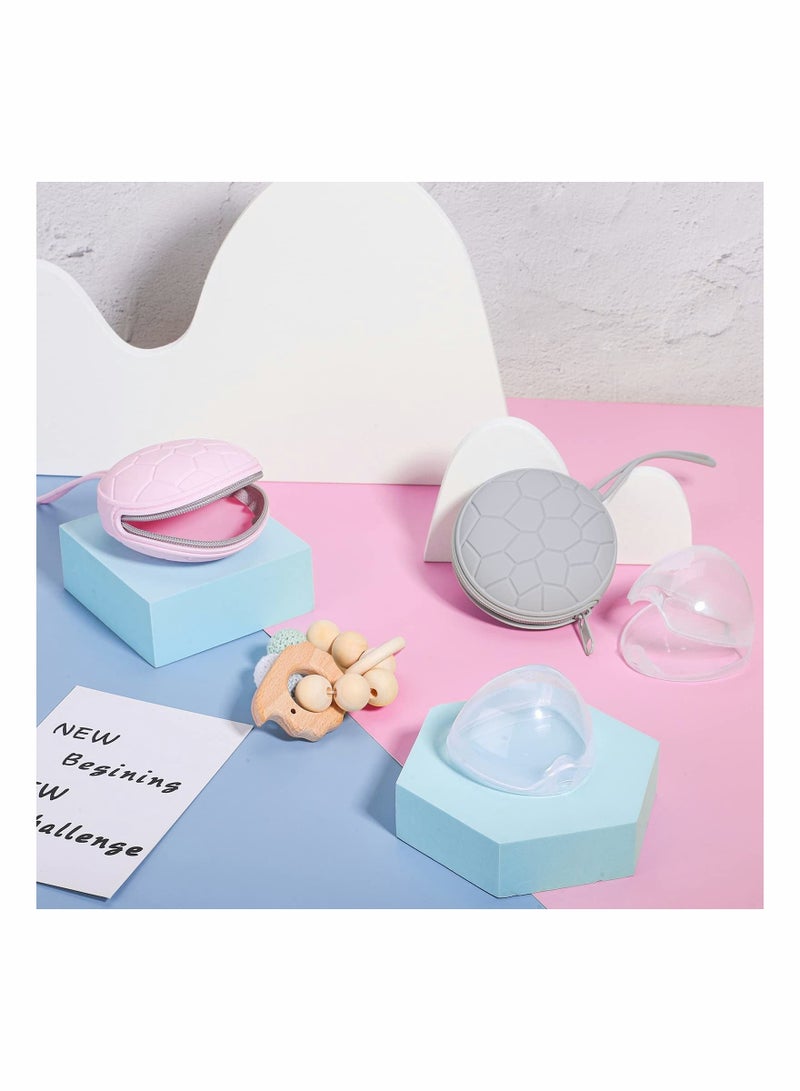 4 Pieces Pacifier Holder Case Set Includes Silicone Cover and Transparent Storage Box Container Pouch Bag, Easy to Clean (Gray, Light Pink)