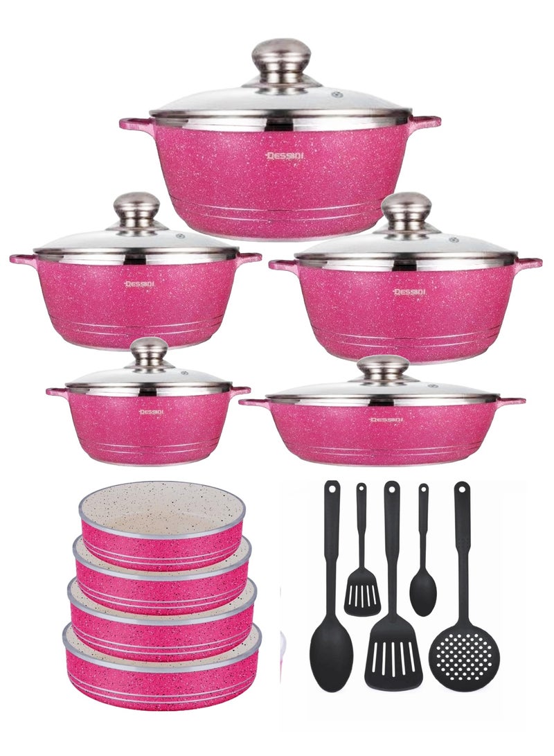 19 Pieces Granite Cookware Combo Set Includes 4 pieces Round Oven Dish 1x26cm 1x28cm 1x30cm 1x 32cm 10 pcs Casserole Pot Set and Spatula Sets Pink