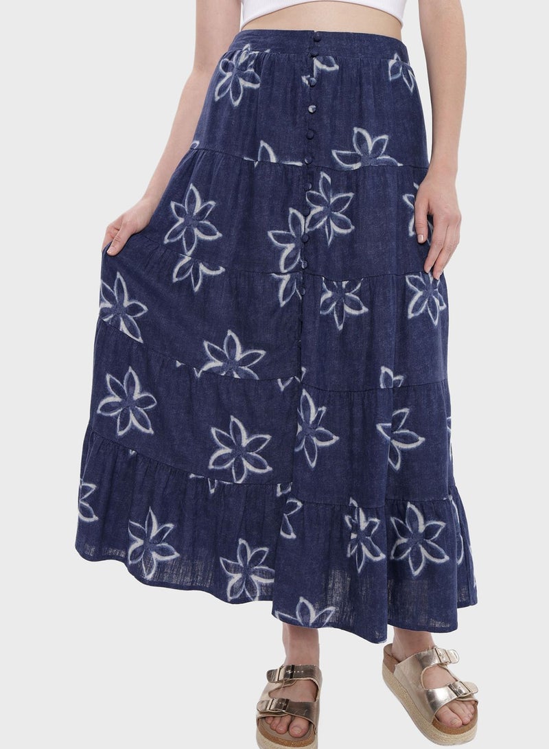 Floral Print Button Detail Skirt