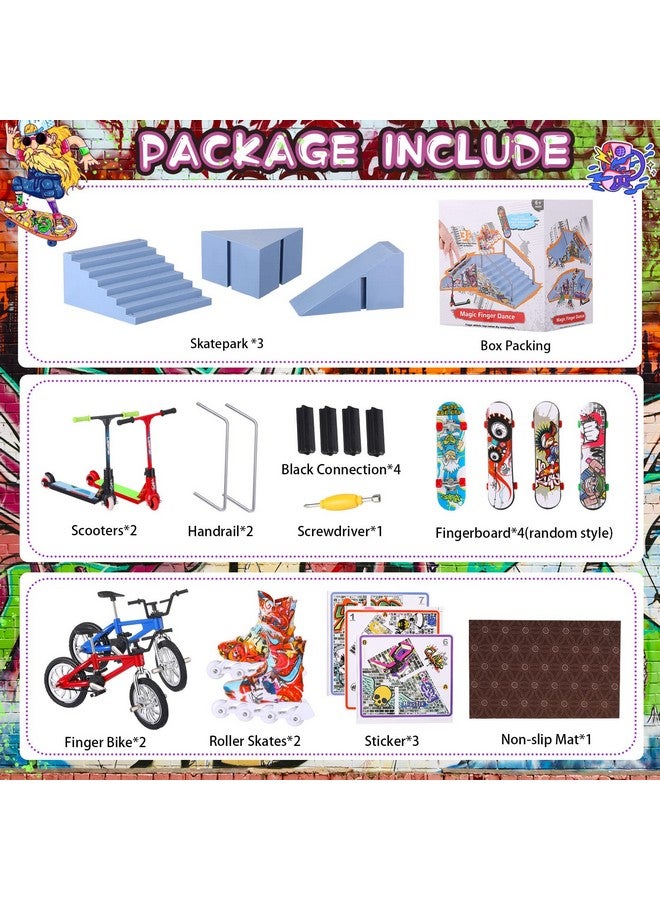 Fingerboard Skatepark Set 24 Pcs Fingerboard Finger Skateboards Ramp Fingerboard Accessories With Mini Finger Toy, Roller Skate, Finger Bike, Finger Scooter, Hand Board