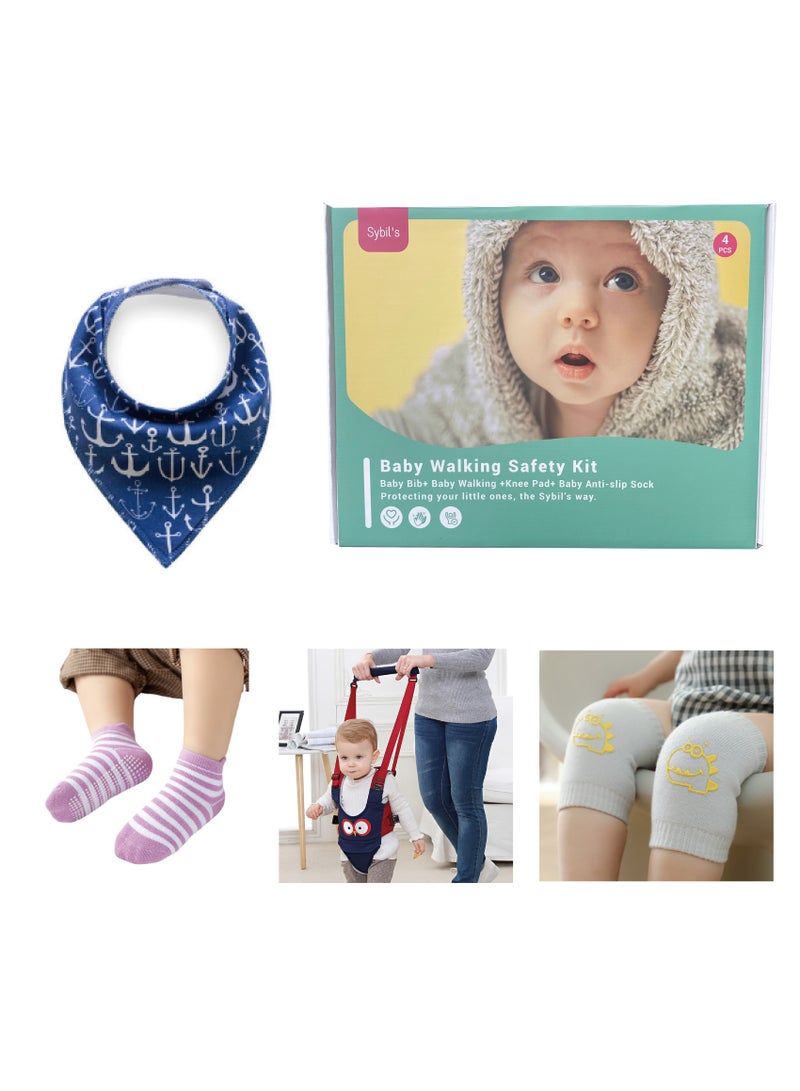 4 in 1 Baby Walking Safety Kit Includes Baby Walking Assistant Anti Slip Socks Knee Pads and Baby Bib Must Have for Infants and Toddlers Learning to Walking