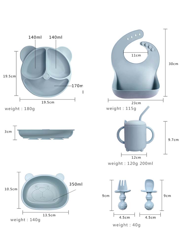 Complete 8-Pieces Silicone Baby Crockery Set, BPA Free Baby Tableware Set with Soft Silicone Bib and Utensils