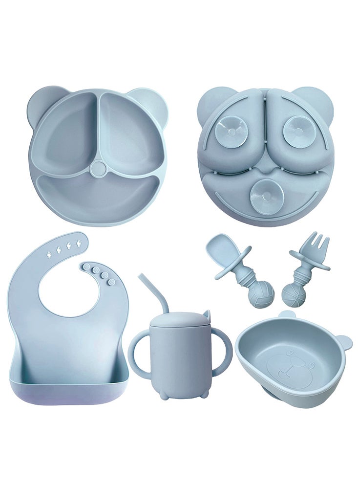 Complete 8-Pieces Silicone Baby Crockery Set, BPA Free Baby Tableware Set with Soft Silicone Bib and Utensils