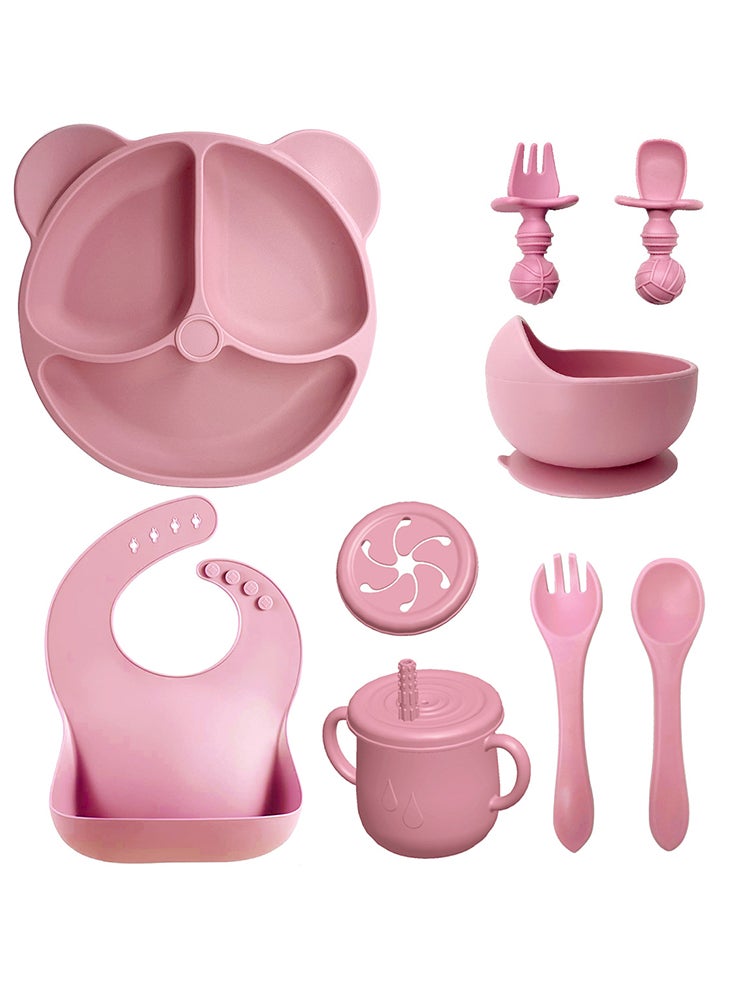 Complete 8-Pieces Silicone Baby Crockery Set, BPA Free Baby Tableware Set with Soft Silicone Bib and Utensils