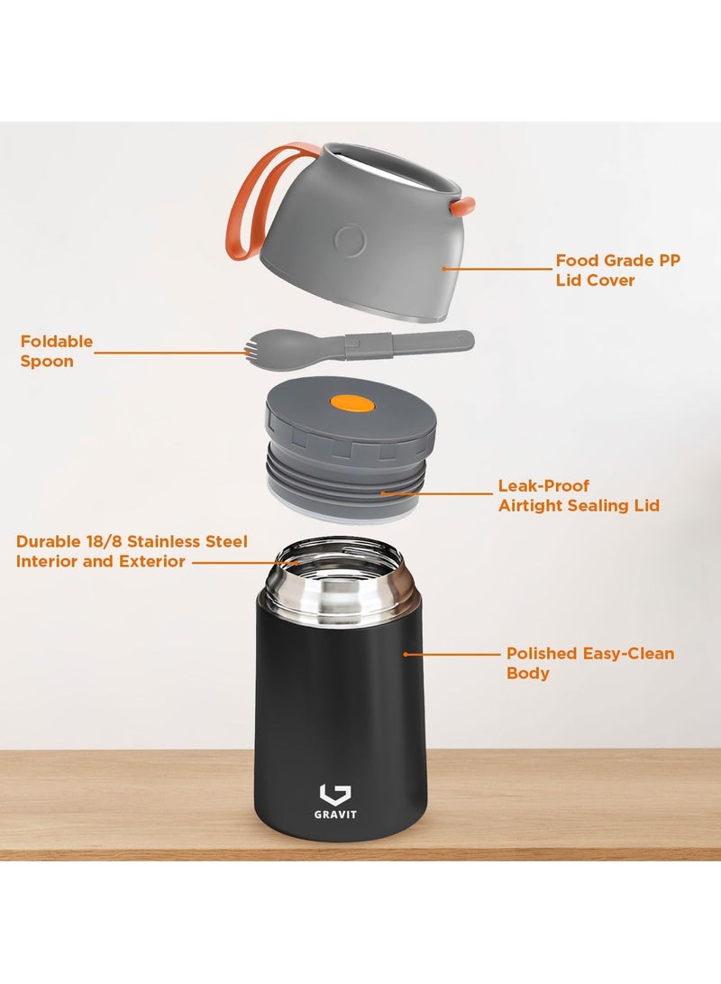 Insulated Food Jar Lunch Box 650ml - Stainless Steel Thermos with Folding Spoon, Keeps Food Hot/Cold, Leak-Proof, Ideal for Baby Food, School Lunches, Office Meals (Black)