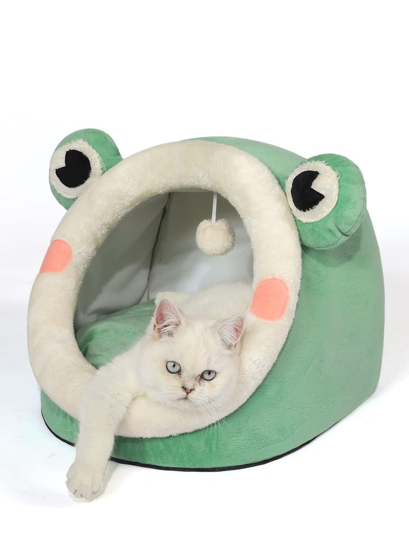 Cute Cat Bed,Indoor Lovely Crystal Velvet Igloo, Warm Cave Sleeping Nest Bed for Puppy and Kitten, Green Frog, M.