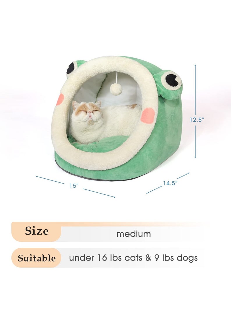 Cute Cat Bed,Indoor Lovely Crystal Velvet Igloo, Warm Cave Sleeping Nest Bed for Puppy and Kitten, Green Frog, M.