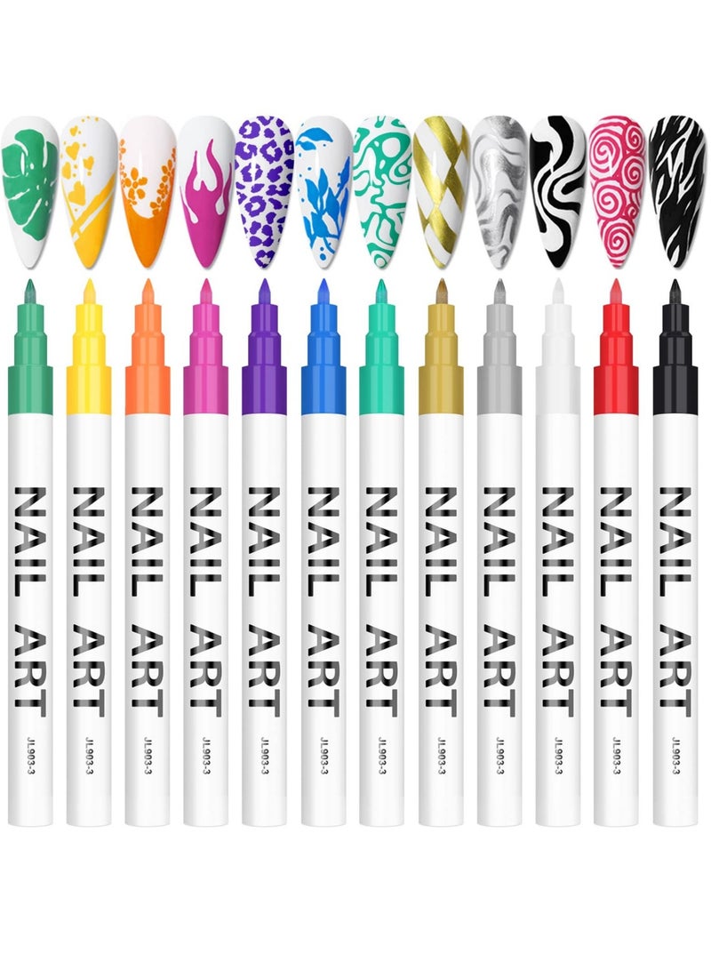 12 Color 3D Nail Art Pens Set, Nail Point Graffiti Dotting Pen Drawing Painting Liner Brush for DIY Nail Art Beauty Adorn Manicure, Nail Pen  Graffiti Pen Waterproof Nail Polish Pen Quick Dry Tools
