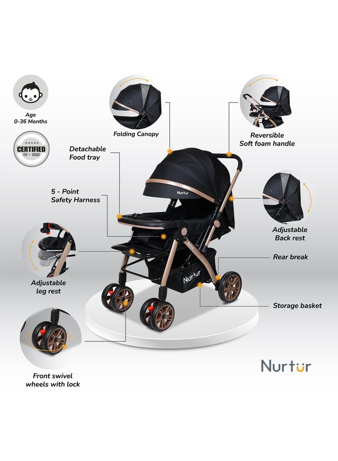 Wilder Baby Kids Travel Stroller 0 to 3 yearsStorage Basket Detachable Food Tray 5 Point Safety Harness Adjustable Backrest Reversible Handle Official Nurtur Product