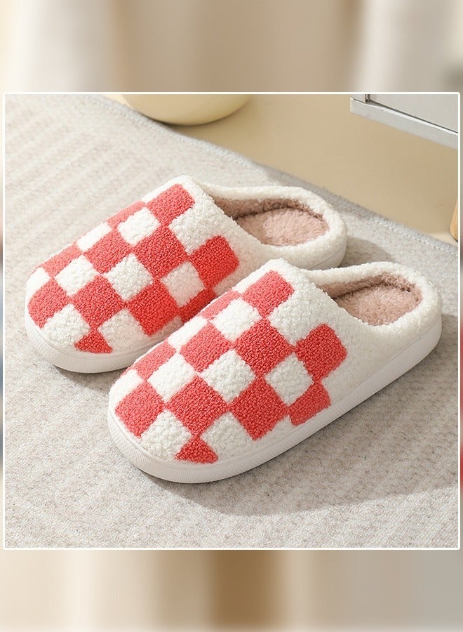 Checkerboard Lattice Design Bedroom Slippers for Women Men Couple Plush Fuzzy Cozy House Slippers Autumn and Winter Warm Indoor Outdoor Lightweight Soft Flat Slides White+Red
