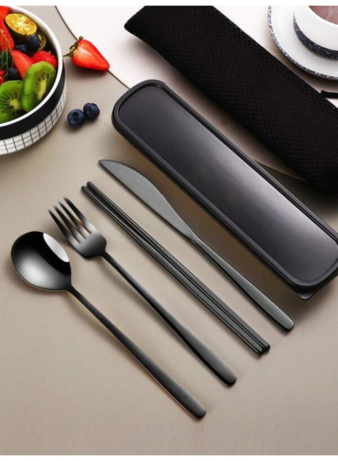 Black 4pcs Stainless Steel Portable Tableware Set, Including Steak Knife, Fork, Spoon and Chopsticks