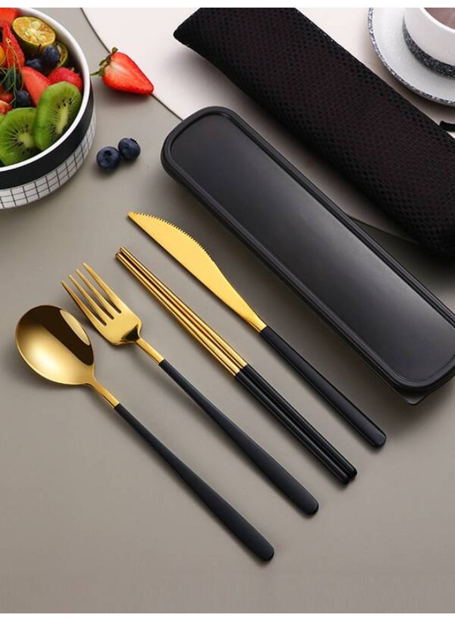 Black Gold 4pcs Stainless Steel Portable Tableware Set, Including Steak Knife, Fork, Spoon and Chopsticks