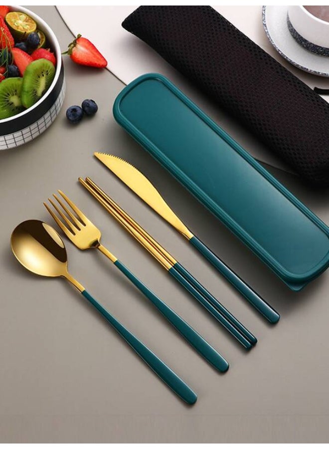 Green Gold 4pcs Stainless Steel Portable Tableware Set, Including Steak Knife, Fork, Spoon and Chopsticks
