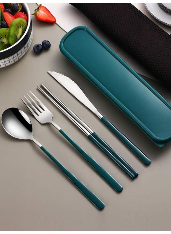 Green Sliver 4pcs Stainless Steel Portable Tableware Set, Including Steak Knife, Fork, Spoon and Chopsticks
