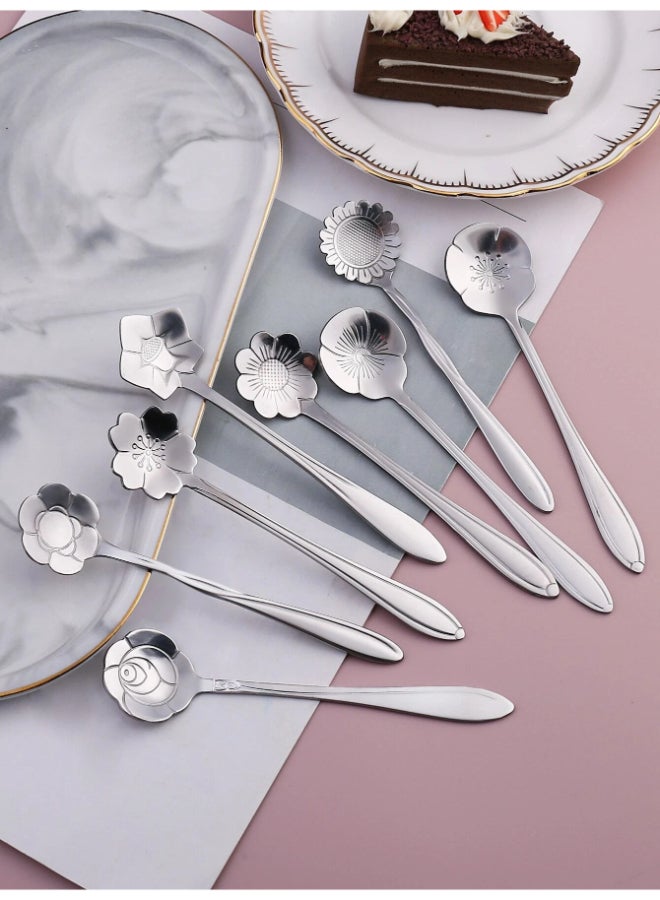 Sliver 8pcs set Stainless Steel Spoon, Creative Flower Design Stirring Spoon For Wedding, Party