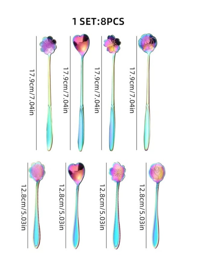 Multicolor 8pcs Stainless Steel Creative Cutlery Set Including Flower Spoon, Watermelon Spoon, Ice Cream Spoon, Coffee Spoon, Cake Spoon And Suitable For Chinese Hotel And Home Kitchen