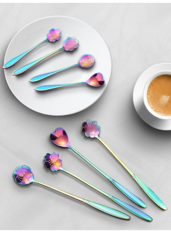 Multicolor 8pcs Stainless Steel Creative Cutlery Set Including Flower Spoon, Watermelon Spoon, Ice Cream Spoon, Coffee Spoon, Cake Spoon And Suitable For Chinese Hotel And Home Kitchen