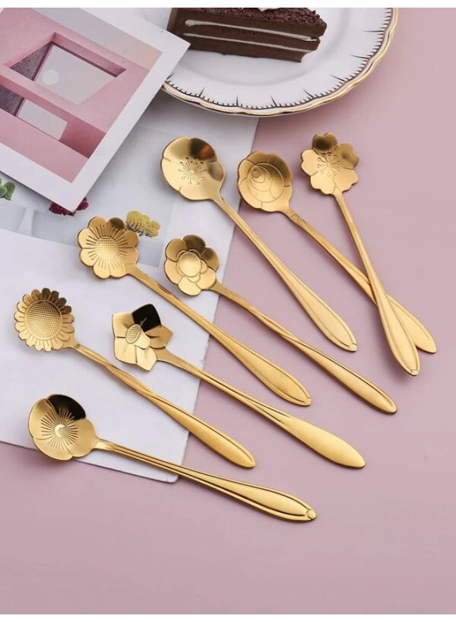 Gold 8pcs set Stainless Steel Spoon, Creative Flower Design Stirring Spoon For Wedding, Party
