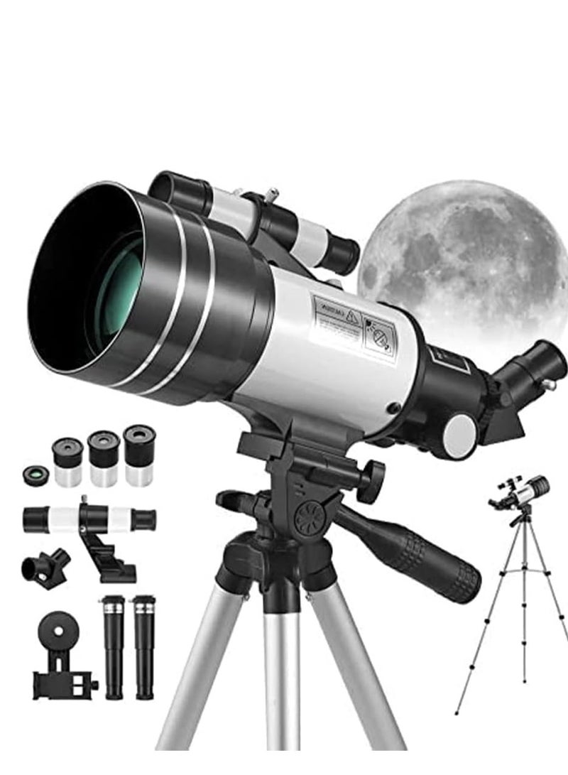 70mm aperture 300mm AZ Mount Portable travel telescope, suitable for adult and child beginners, height adjustable tripod, Moon filter, cell phone holder, AstroSolar