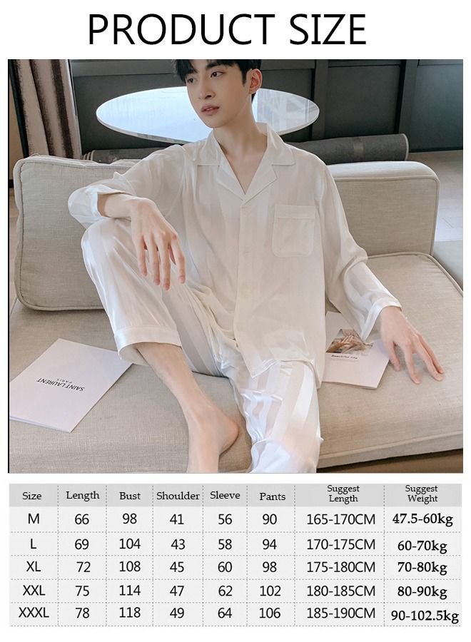 2-piece Men' s Pajama Set Silk Satin Long Sleeve Sleepwear with Button Down Classic Loungewear Nightwear Notch Neck Shirt and Waist Elastic Pants Pajama for Men Pure White