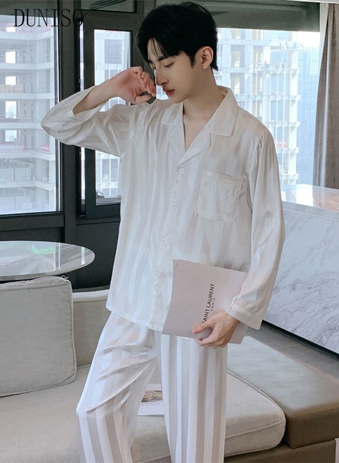 2-piece Men' s Pajama Set Silk Satin Long Sleeve Sleepwear with Button Down Classic Loungewear Nightwear Notch Neck Shirt and Waist Elastic Pants Pajama for Men Pure White