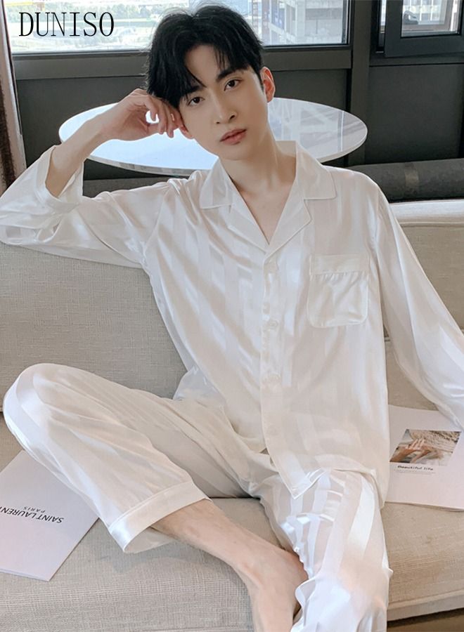 2-piece Men' s Pajama Set Silk Satin Long Sleeve Sleepwear with Button Down Classic Loungewear Nightwear Notch Neck Shirt and Waist Elastic Pants Pajama for Men Pure White