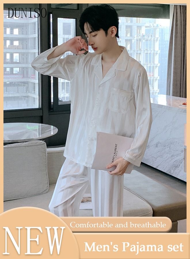 2-piece Men' s Pajama Set Silk Satin Long Sleeve Sleepwear with Button Down Classic Loungewear Nightwear Notch Neck Shirt and Waist Elastic Pants Pajama for Men Pure White