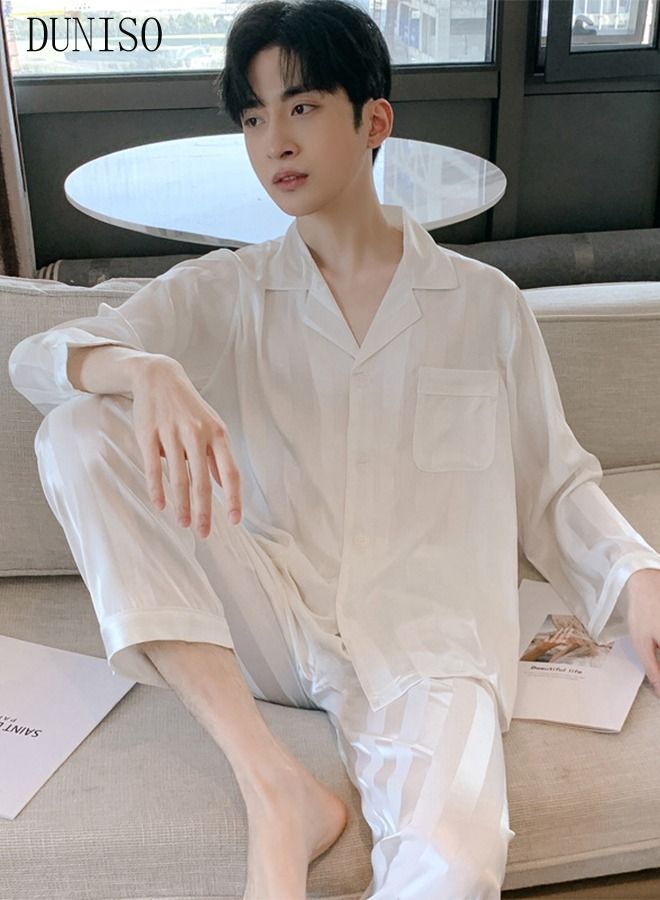 2-piece Men' s Pajama Set Silk Satin Long Sleeve Sleepwear with Button Down Classic Loungewear Nightwear Notch Neck Shirt and Waist Elastic Pants Pajama for Men Pure White