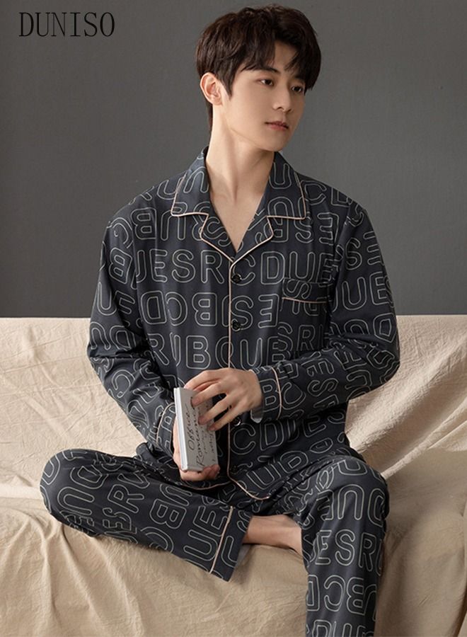 2-piece Men' s Pajama Set Cotton Long Sleeve Sleepwear with Button Classic Loungewear Nightwear Notch Neck Shirt and Waist Elastic Pants Pajama for Men Teenagers