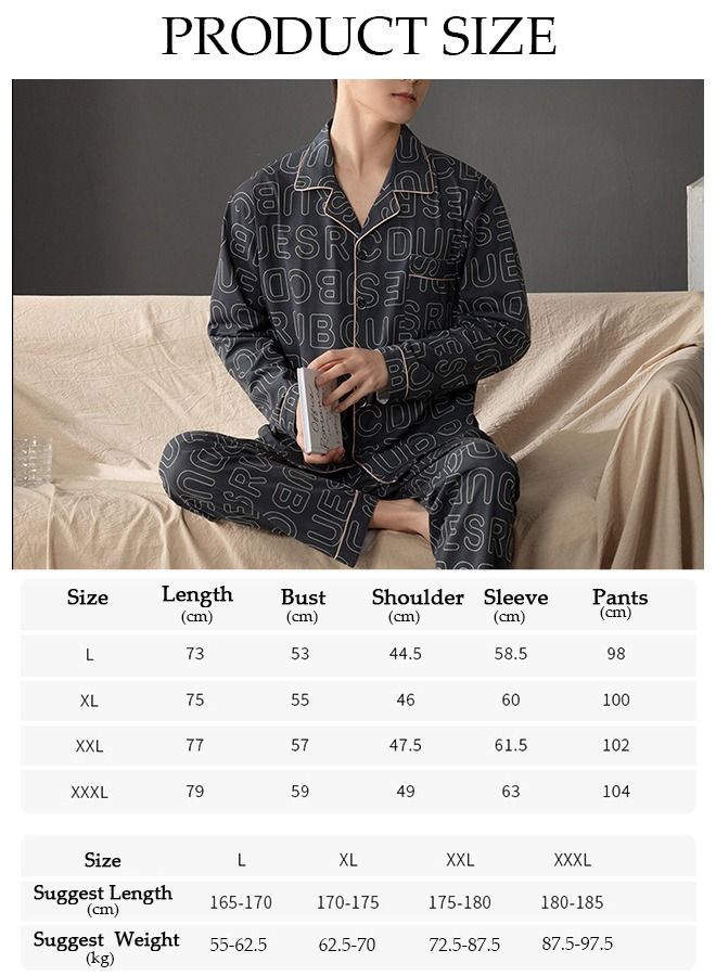 2-piece Men' s Pajama Set Cotton Long Sleeve Sleepwear with Button Classic Loungewear Nightwear Notch Neck Shirt and Waist Elastic Pants Pajama for Men Teenagers