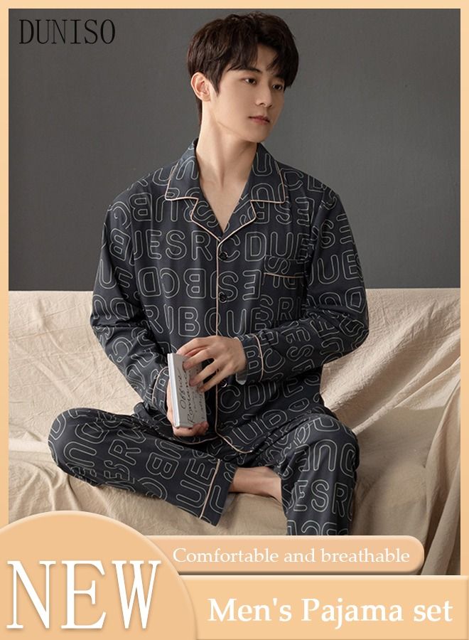 2-piece Men' s Pajama Set Cotton Long Sleeve Sleepwear with Button Classic Loungewear Nightwear Notch Neck Shirt and Waist Elastic Pants Pajama for Men Teenagers