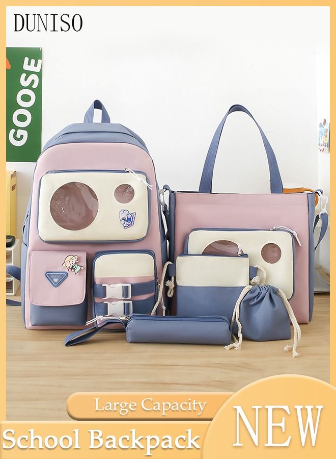 5 pieces Girl' s School Backpacks Multi-pocket Large Capacity Book Bag with Compartments Waterproof Wear-resistant Backpack Sets for Little Gril Teen Kids Primary School Students School bag