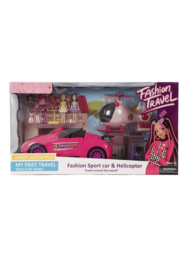 Fashion Sport car & Helicopter with Dinning Set and Dolls, Multicolor
