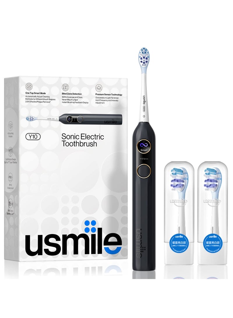 usmile Y10 Sonic Electric Toothbrush - Feedback Display, 4 Brushing Modes, Soft Rubber Brush Head, IPX8 Waterproof, 6 Months Battery Life, Smart Mode, Blind Zone Detection and Pressure Sensor (Black)