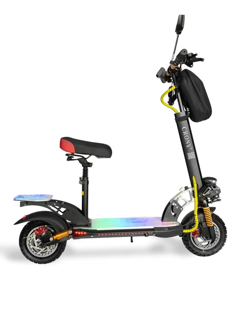 V10+ Power Full Motor 1500W Electric Scooter 55KM/Hr Speed App Controlled 48V 15AH Off-Road 10 Inch Wide Tires, Removeable Comfortable Seat, LED Base and Tail Light, Scooter Front Bag, Mobile Holder