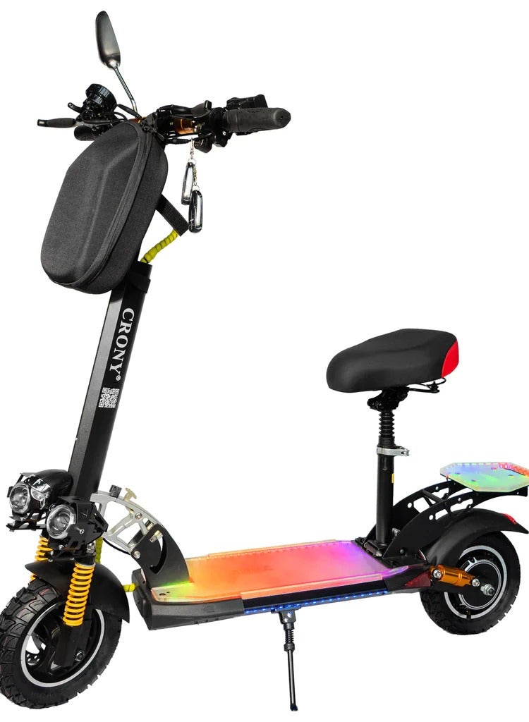 V10+ Power Full Motor 1500W Electric Scooter 55KM/Hr Speed App Controlled 48V 15AH Off-Road 10 Inch Wide Tires, Removeable Comfortable Seat, LED Base and Tail Light, Scooter Front Bag, Mobile Holder