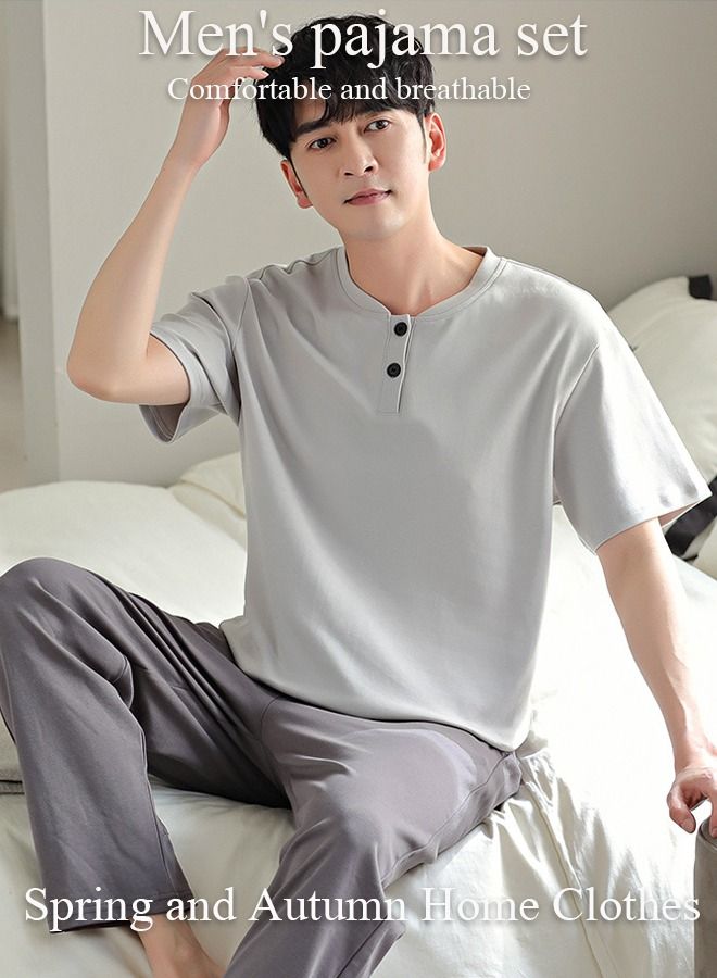 2-Piece Men' s Pajamas Casual Cotton Short-Sleeved Long Pants Sets  Sleepwear Nightgown Male Loose Spring Autumn Thin Loungewear Outer Wear Pure Color