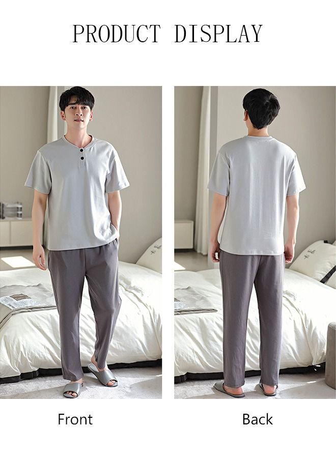 2-Piece Men' s Pajamas Casual Cotton Short-Sleeved Long Pants Sets  Sleepwear Nightgown Male Loose Spring Autumn Thin Loungewear Outer Wear Pure Color