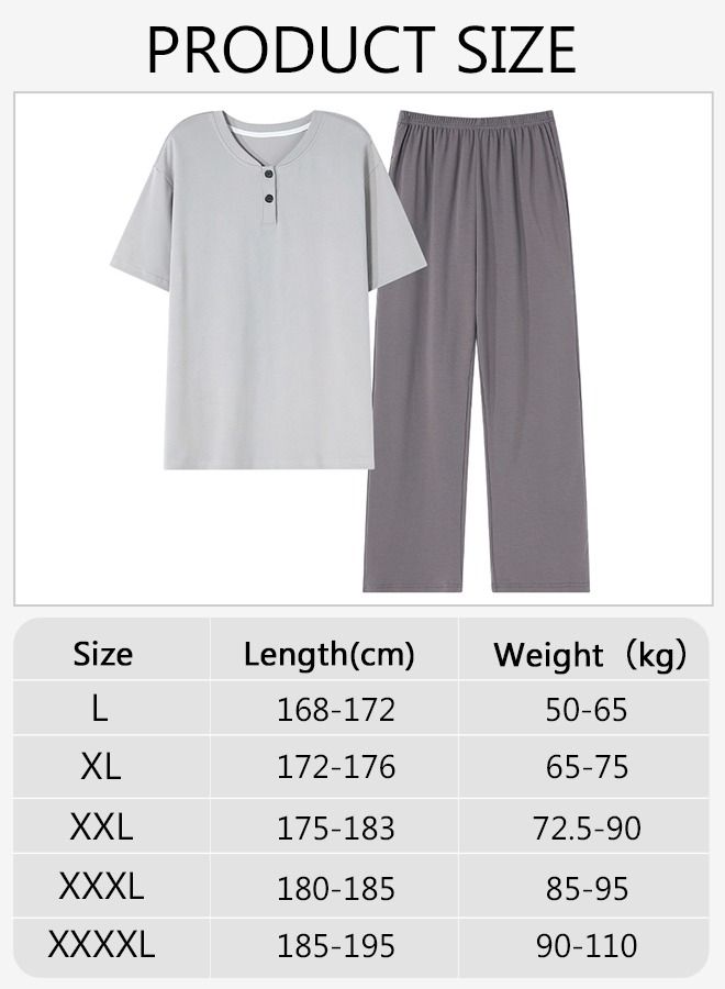 2-Piece Men' s Pajamas Casual Cotton Short-Sleeved Long Pants Sets  Sleepwear Nightgown Male Loose Spring Autumn Thin Loungewear Outer Wear Pure Color