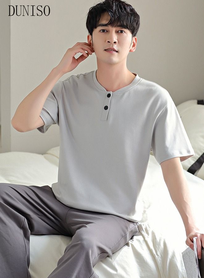 2-Piece Men' s Pajamas Casual Cotton Short-Sleeved Long Pants Sets  Sleepwear Nightgown Male Loose Spring Autumn Thin Loungewear Outer Wear Pure Color