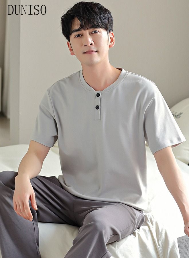 2-Piece Men' s Pajamas Casual Cotton Short-Sleeved Long Pants Sets  Sleepwear Nightgown Male Loose Spring Autumn Thin Loungewear Outer Wear Pure Color