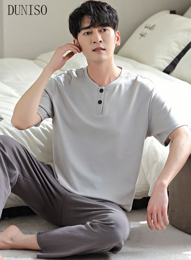 2-Piece Men' s Pajamas Casual Cotton Short-Sleeved Long Pants Sets  Sleepwear Nightgown Male Loose Spring Autumn Thin Loungewear Outer Wear Pure Color